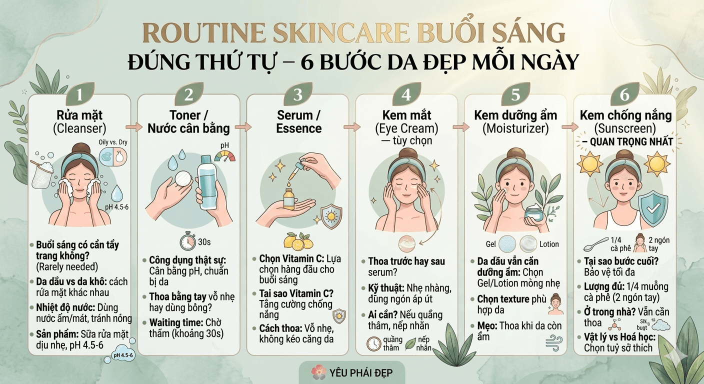 Routine Skincare Buổi Sáng Đúng Thứ Tự – 6 Bước Da Đẹp Mỗi Ngày
